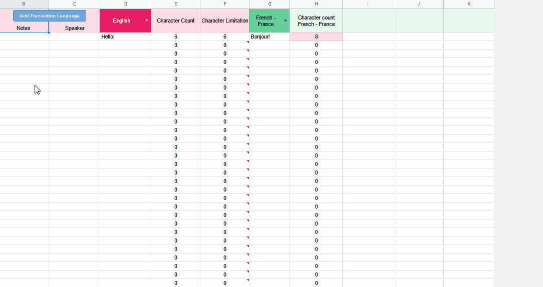 Selecting a new target language in the advanced free Google Sheets localization template