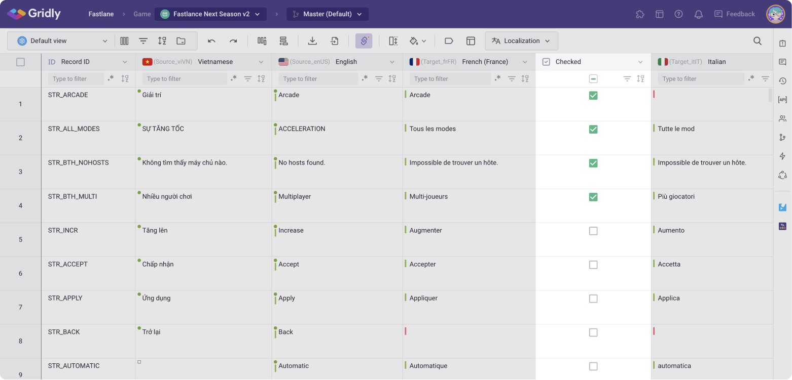 Boolean checkboxes for localization status in Gridly