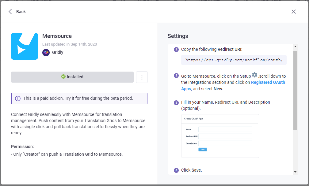 Memsource Add-on setup