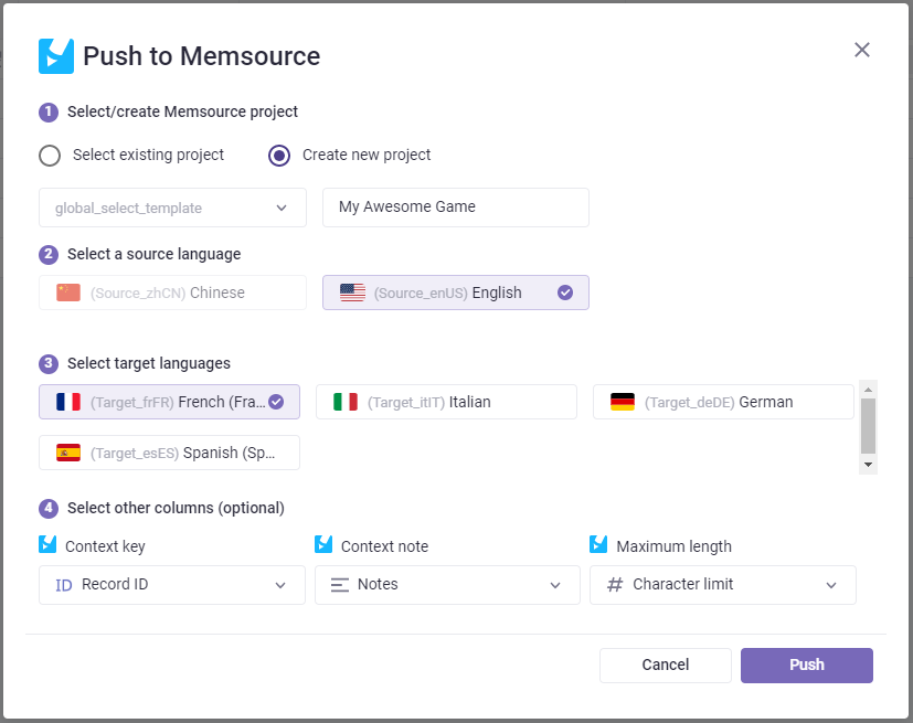 Push to Memsource Dialog Window