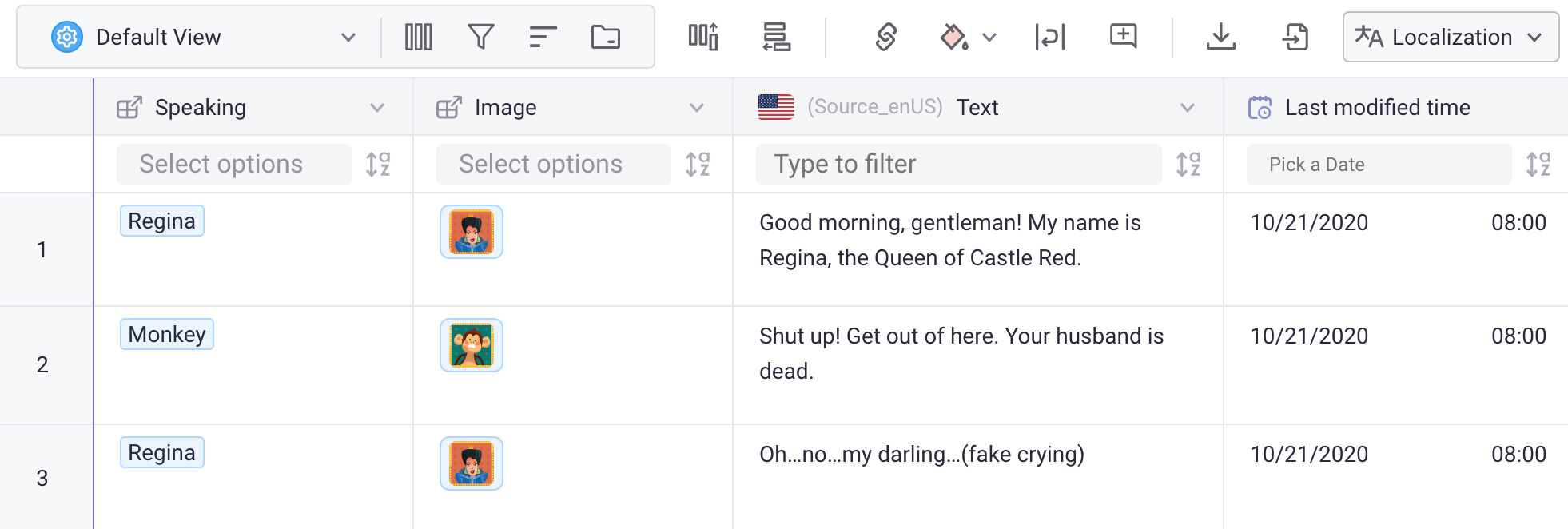 Screenshot: character references in the grid